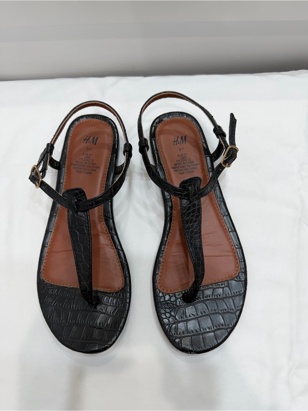 H&M Black Croc-Embossed T-Strap Sandals with Brown Footbed - Size 6/6.5 EU 37